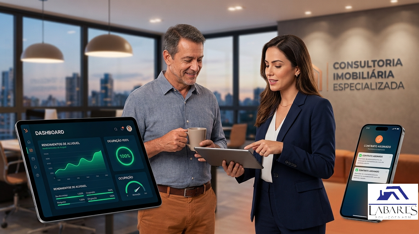 Consultora imobiliária do escritório mostrando dashboard de rendimentos positivos para proprietário tranquilo